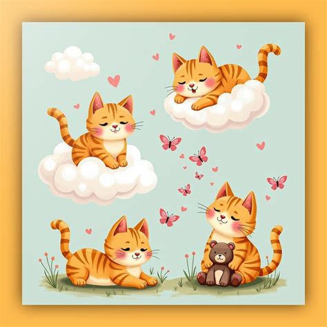 Vector Cute Cat Cartoon Characters Illustrations Set Premium Ai