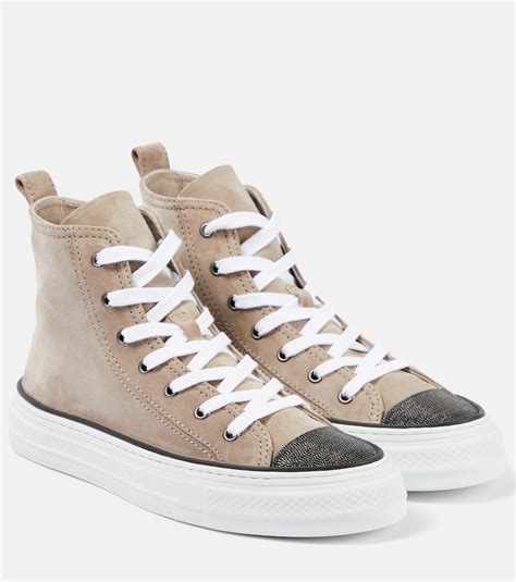 Monili-embellished high-top suede sneakers in beige - Brunello Cucinelli | Mytheresa