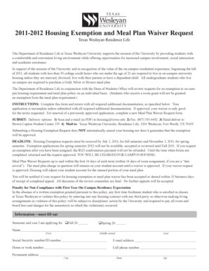 Fillable Online 2011 2012 Housing Exemption And Meal Plan Waiver