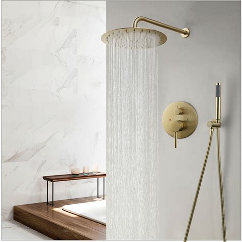 Brushed Gold Bathroom Rain Shower Faucet Set Round Shower Heads Valve