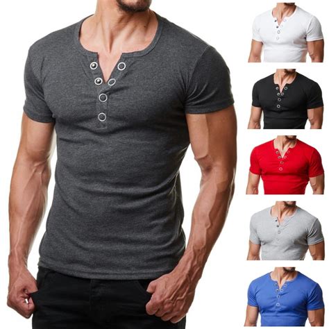 Henley T Shirt Men 2019 Summer Fashion V Neck Short Sleeve Tee Shirt Homme Casual Slim Fit Metal