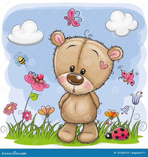 Cute Cartoon Teddy Bear On A Meadow Stock Vector Illustration Of