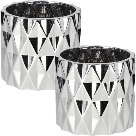 Lot De 2 Pots De Fleurs Cylindriques Émaillés En Céramique Argenté