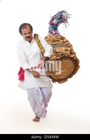 Bengali Man Playing Dhol A Large Drum Used To Play During Festival And