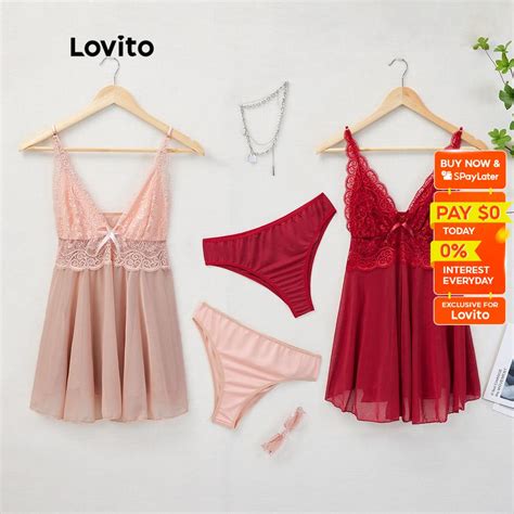 Lovito Sexy Lace High Waist Deep V Neck Nighties Sleepwear Lingerie Set L X Pink Red