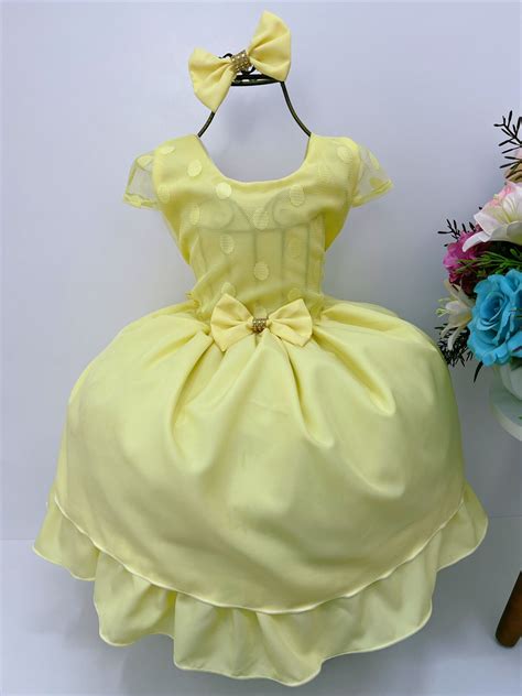 Vestido Infantil Amarelo Peito Bolinhas La O E Strass Fofura Rosa