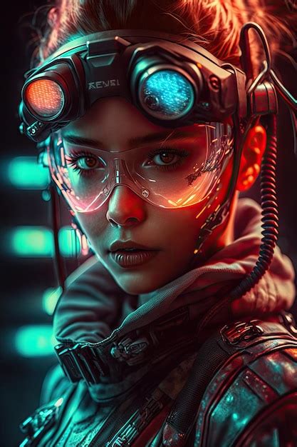 Glamorous Cyberpunk Cyborg Woman Posing With Neon Instrument Lights