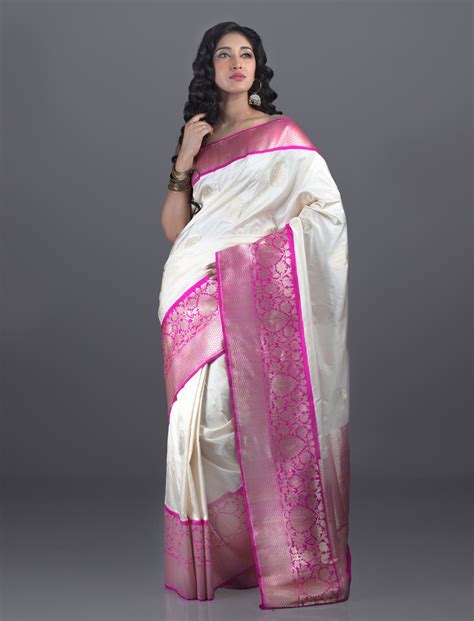 Half White Banarasi Katan Saree With Pink Border Saree Designs Silk