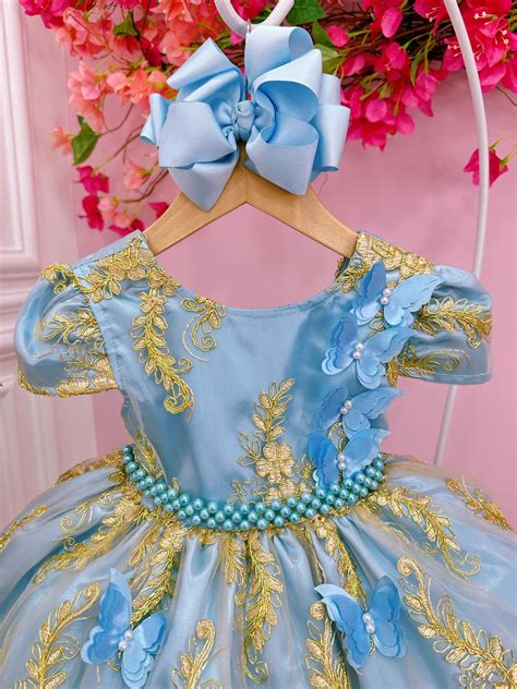 Vestido Infantil Azul Renda Realeza E Aplique De Borboletas Rosa