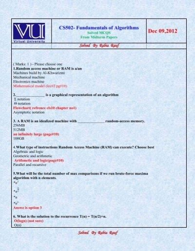 CS502 Fundamentals Of Algorithms Solved MCQs From VuZs