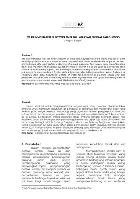 Pdf Studi Inventarisasi Potensi Embung Wilayah Sungai Parigi Poso