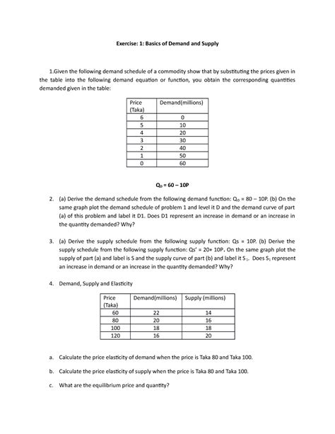 Elasticity And Demand Exercise Exercise 1 Basics Of Demand And