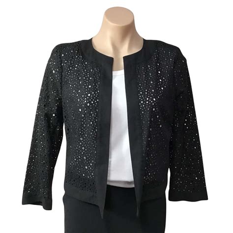 Sussan Womens Size 12 Black Cut Out Embroidered 34 Sleeve Open Jacket