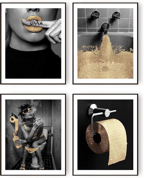 Admmixoo Bathroom Decor Wall Art Prints Glam Glitter Tissue Black Gold Funny Bathroom Toilet