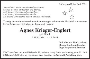 Traueranzeigen Von Agnes Krieger Englert Zeit Des Gedenkens De