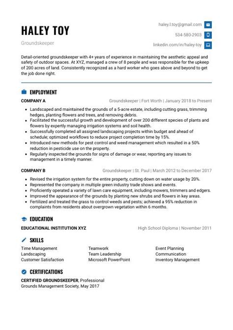 Groundskeeper Resume (CV) Example and Writing Guide