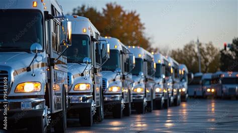 Multiple Transport Company Trucks Lined Up Next To Each Other In A