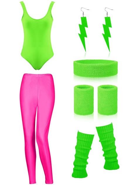 Satinior Women 80s 90s Workout Costume Outfit Accessories Set Leg