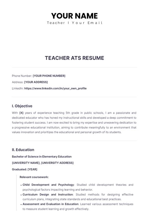 Free Teacher Ats Resume Template Edit Online And Download