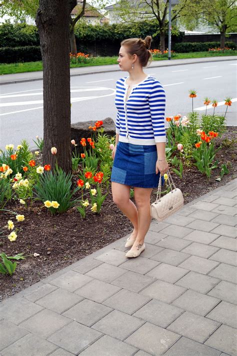 Outfit Blue Hues Striped Cardigan Jeans Skirt Nude Bow Flats Quilted Chain Strap Bag