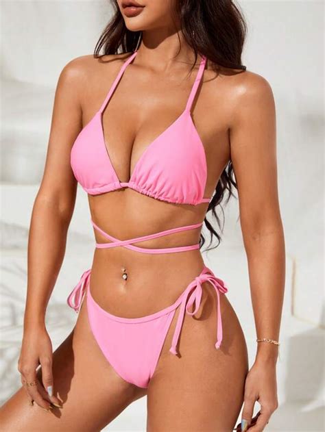 Criss Cross Halter Triangle Tie Side Bikini Swimsuit Shein Usa