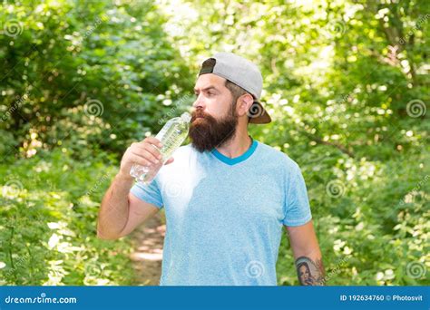 Dont Drink Fizzy Mature Guy With Beard In Wood Hot Summer Day Feel Thirsty Bearded Man Look