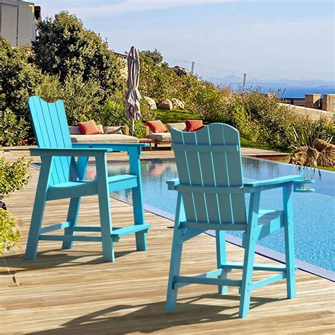 Lue Bona Sky Blue Plastic Adirondack Outdoor Bar Stool With Cup Holder