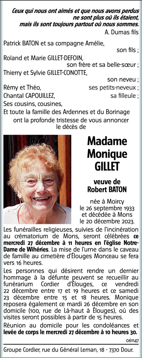 Avis de décès de Monique GILLET décédé le 20 12 2023 à Mons annonce