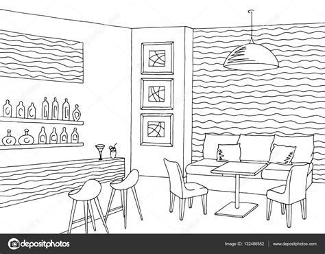 Cafe Bar Interior Graphic Art Black White Sketch Illustration Vector