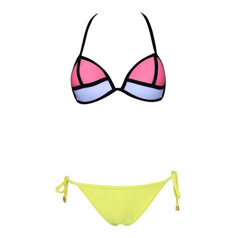 Women S Sexy Yellow Halter Neck Patchwork Triangle Lace Up Bikini Set