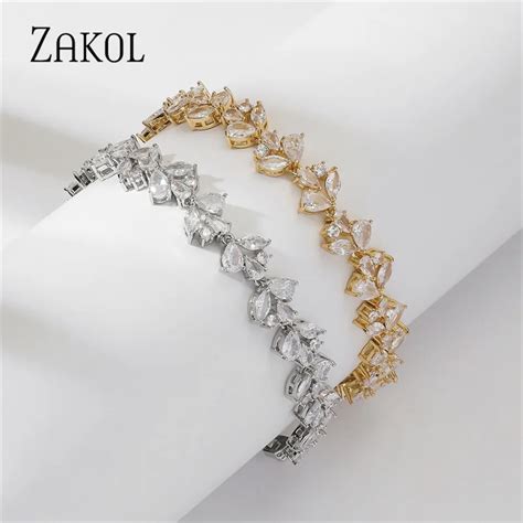 Zakol Luxury Cubic Zirconia Leaf Bracelets Bangles For Women Shinny