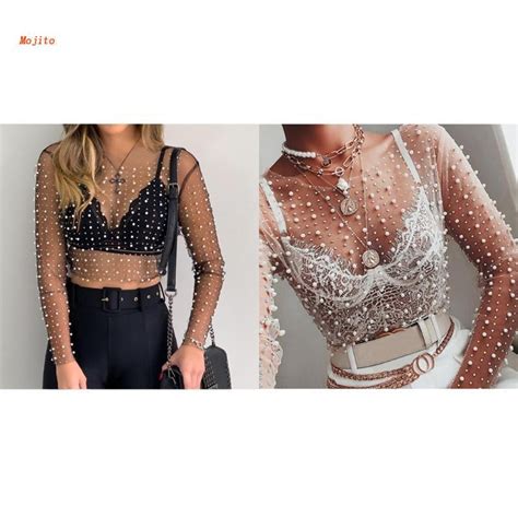 Mojito Womens Long Sleeve Sheer Mesh Crop Top Shiny Pearls For