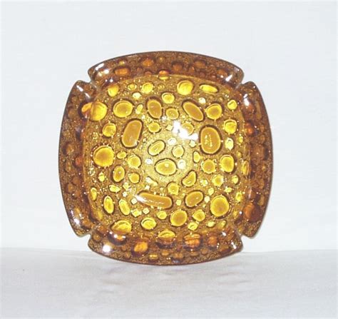 Vintage Blenko Glass Ashtray Amber Glass Pebble Glass Bubble