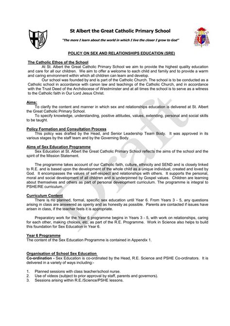 Sex And Relationships Education Policy St Albert The Great