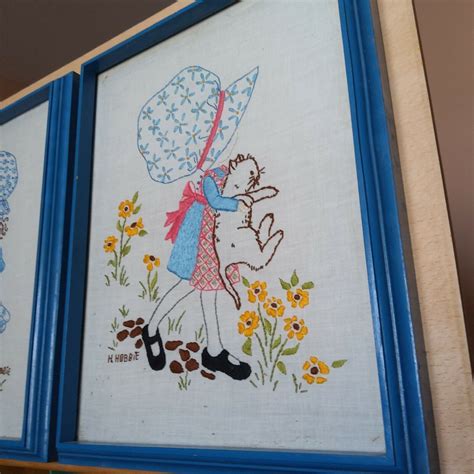 Hollie Hobbie Needlepoint Framed Wall Decor Pair Of 2 Vintage Handmade