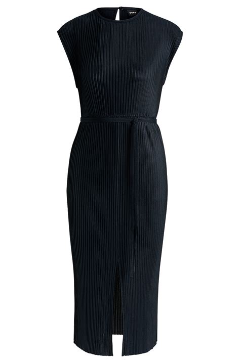 Boss Belted Sleeveless Dress In High Shine Plissé Dark Blue