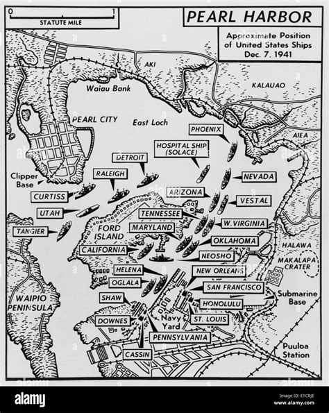 Mapa de Pearl Harbour con la ubicación de los buques justo antes del