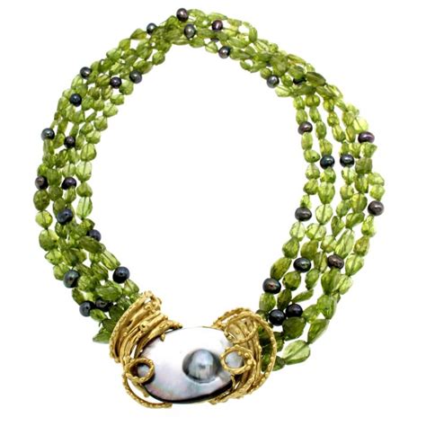 Collana Torchon Di Peridoto Naturale E Perle Di Lago Grigie Con