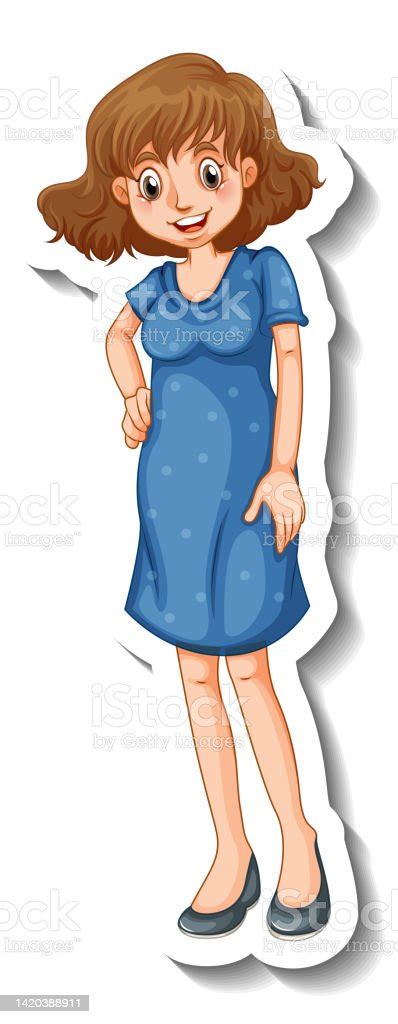 A Sticker Template With A Woman Wearing Blue Dress In Standing Pose