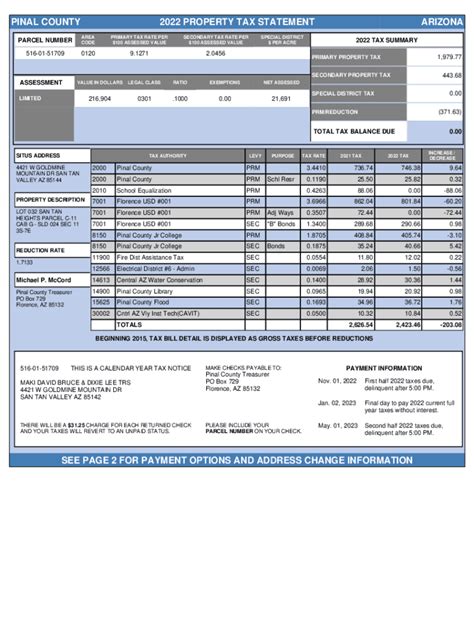 Fillable Online PINAL COUNTY 2022 PROPERTY TAX STATEMENT ARIZONA