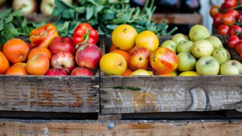 Assorted Fresh Fruits And Vegetables In Rustic Wooden Crates Stock