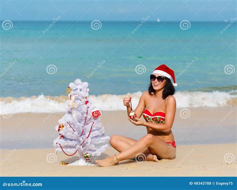 Girl Santa In Bikini On A Beach Fir Tree Stock Photo Image Of Gift Landscape 48343788