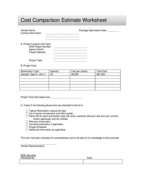 Fillable Online Cost Comparison Estimate Worksheet Fax Email Print Pdffiller