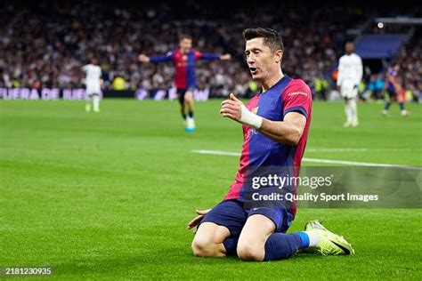 Robert Lewandowski of FC Barcelona celebrates after scoring their ...