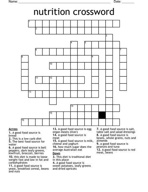 Nutrition Crossword Wordmint