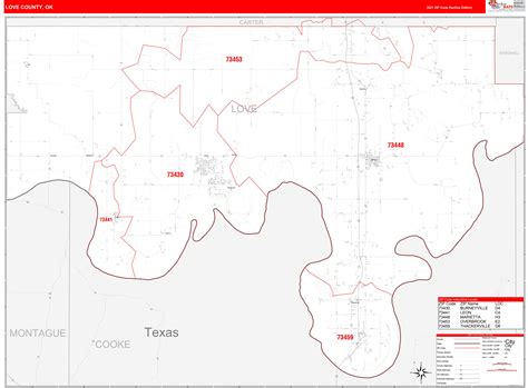 Love County, OK Zip Code Wall Map Red Line Style by MarketMAPS - MapSales.com