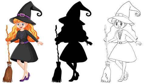 Witch With Broomstick In Color And Outline And Silhouette Cartoon