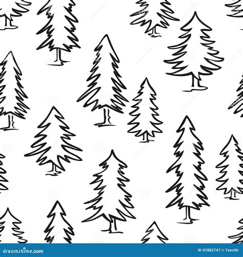 Black And White Doodle Pine Trees Seamless Pattern Stock Vector