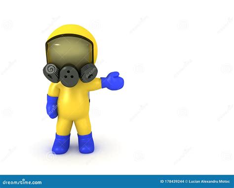 3D Character Wearing Hazmat Suit And Pointing To The Right Stock