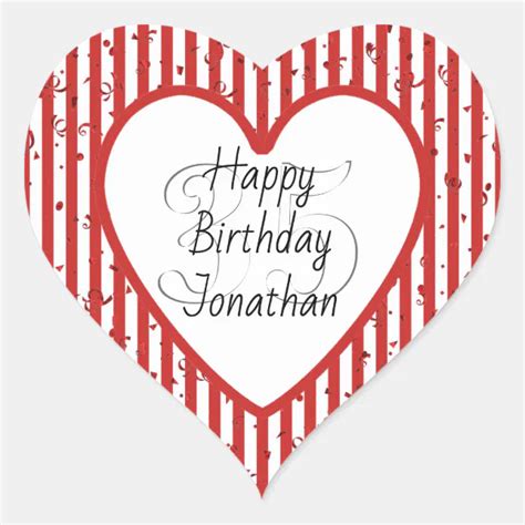 Red And White Stripe Pattern Happy Birthday Heart Sticker Zazzle